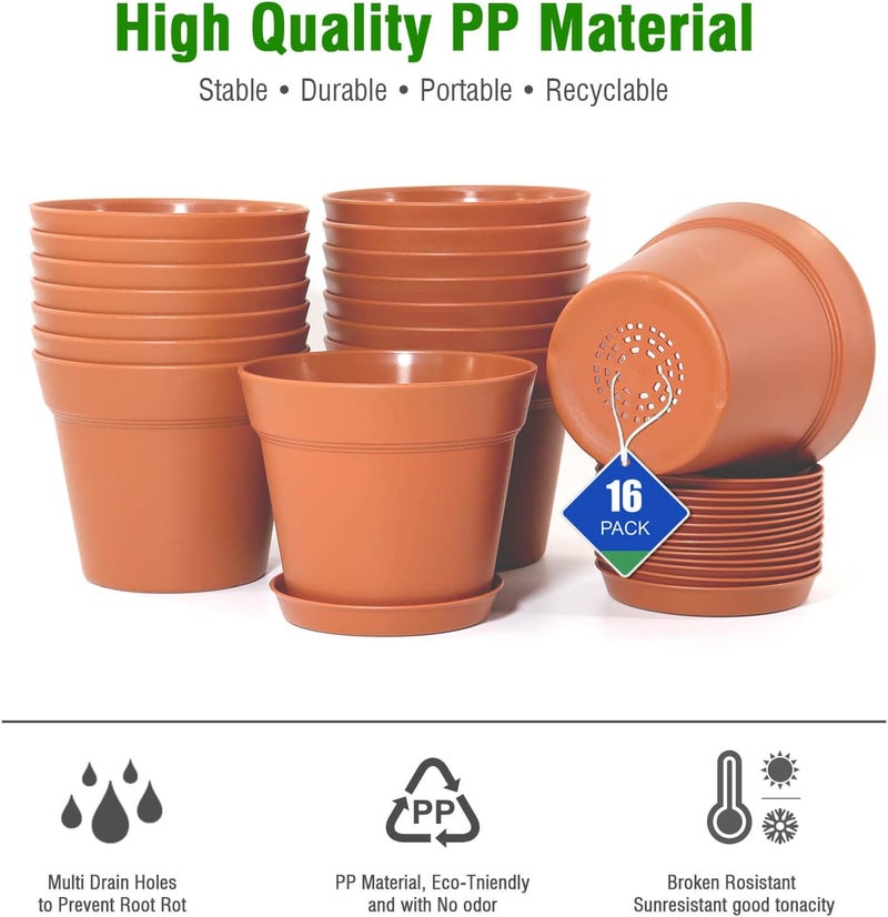 WOUSIWER 16 Pack 6 inch Plastic Planters, Plastic Indoor Planter Flower Pots, Heavy Duty and Stylish 6 Inch Plant Pots for Indoor Plants with Drainage Holes and Tray for Plants, Flowers, Terracotta - Image 5